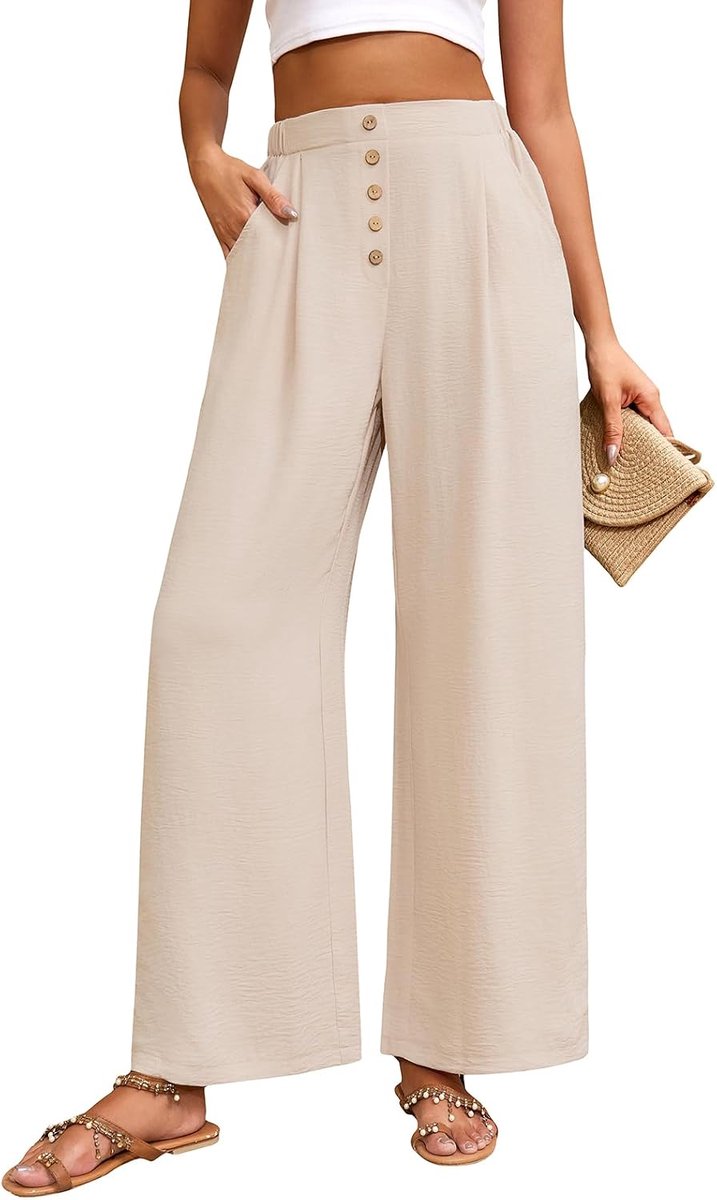 Heekpek Dames wijde pijpen broek dames lichtgewicht lounge broek knoop hoge taille zomer palazzo broek elastische taille casual broek met zakken