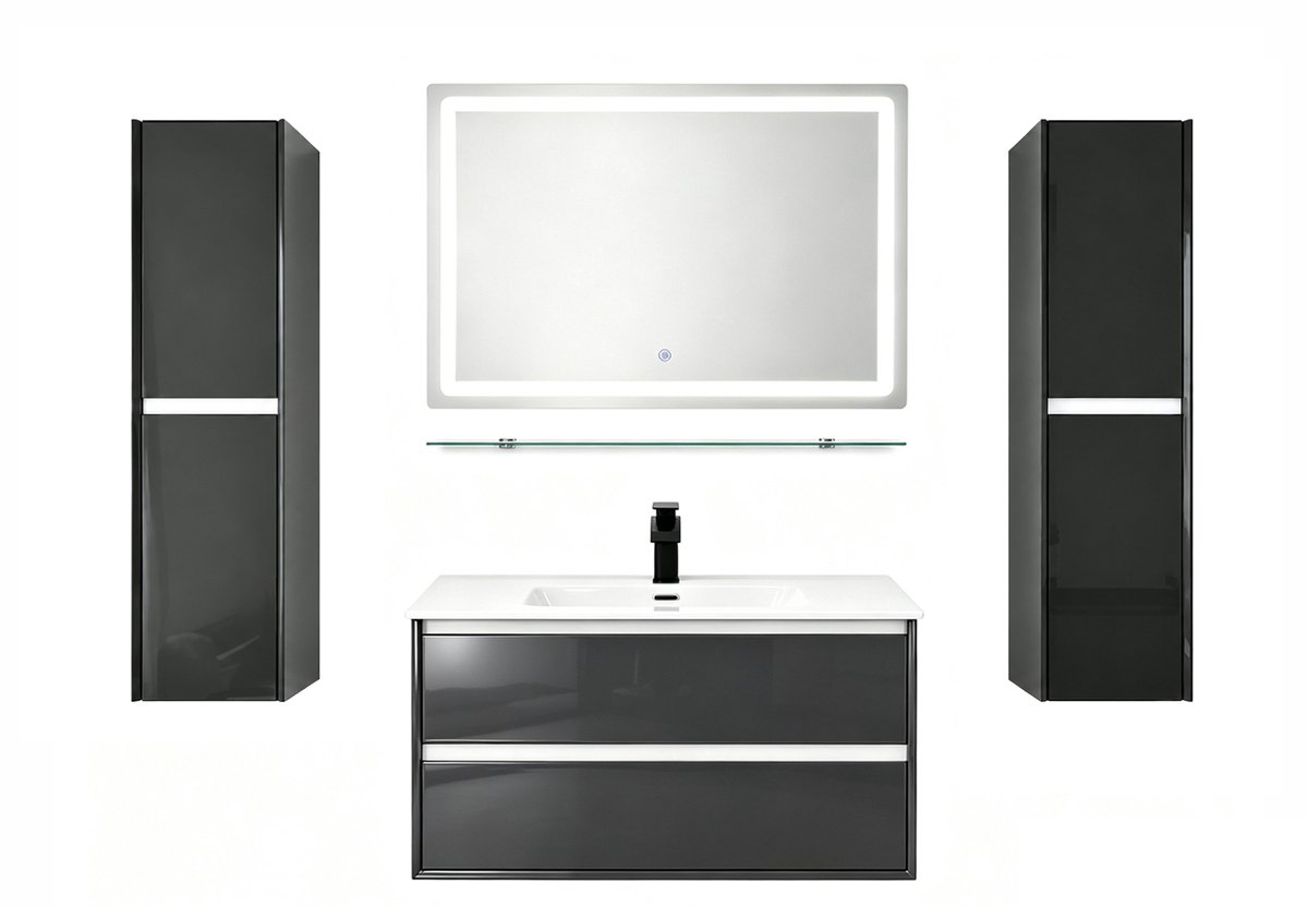 Faizee Home | Lumen Badkamermeubelset 90 cm Hoogglans incl. Wastafel, LED-Spiegel en 2 Zijkasten, verkrijgbaar in Grijs, Zwart of Wit