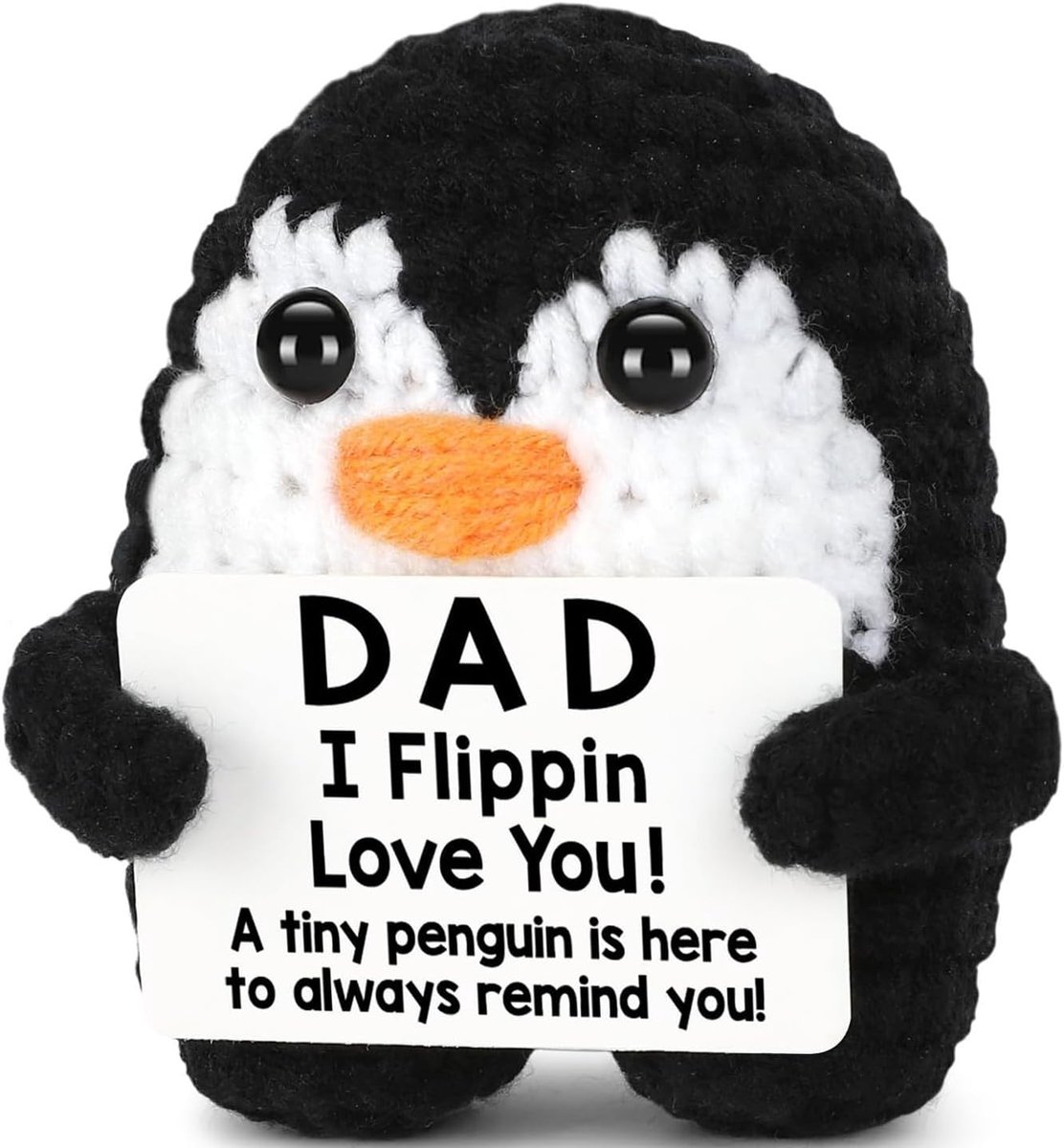 gebreide pinguïn met motiverende boodschap, handgemaakte wollen pop voor papa, origineel cadeau voor heren, grappig detail voor kantoor en thuis