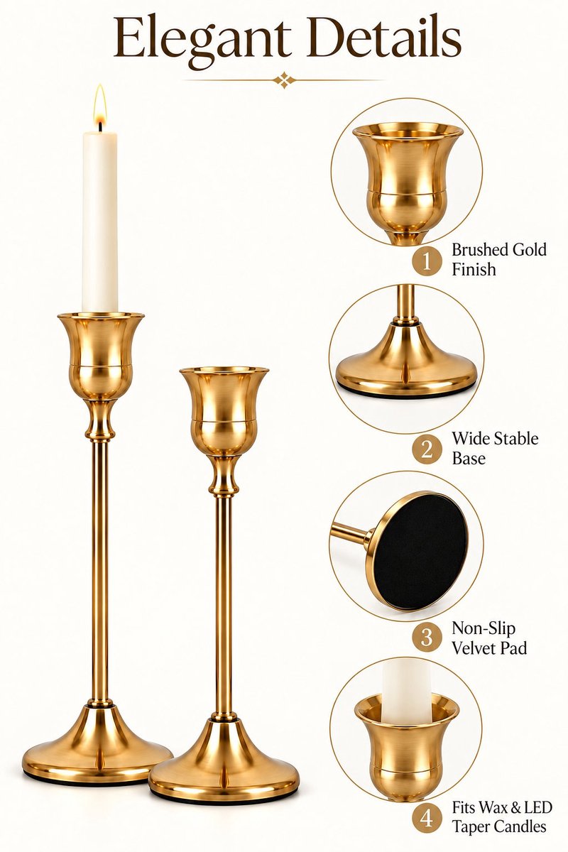 R&H® Gouden Kandelaars Set van 6, Vintage Metalen Kaarshouders in 3 Hoogtes, voor Kaarsen Ø 2,2 cm, Decoratief voor Thuis en Feest