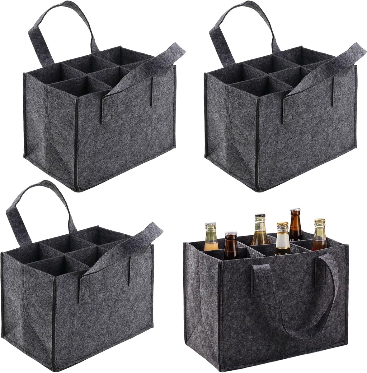 4 stuks flessentas, vilt, 6 flessen, 24 x 16 x 18 cm, flessenhouder, flessenmand, dranktas voor wijnfles, bierflessen