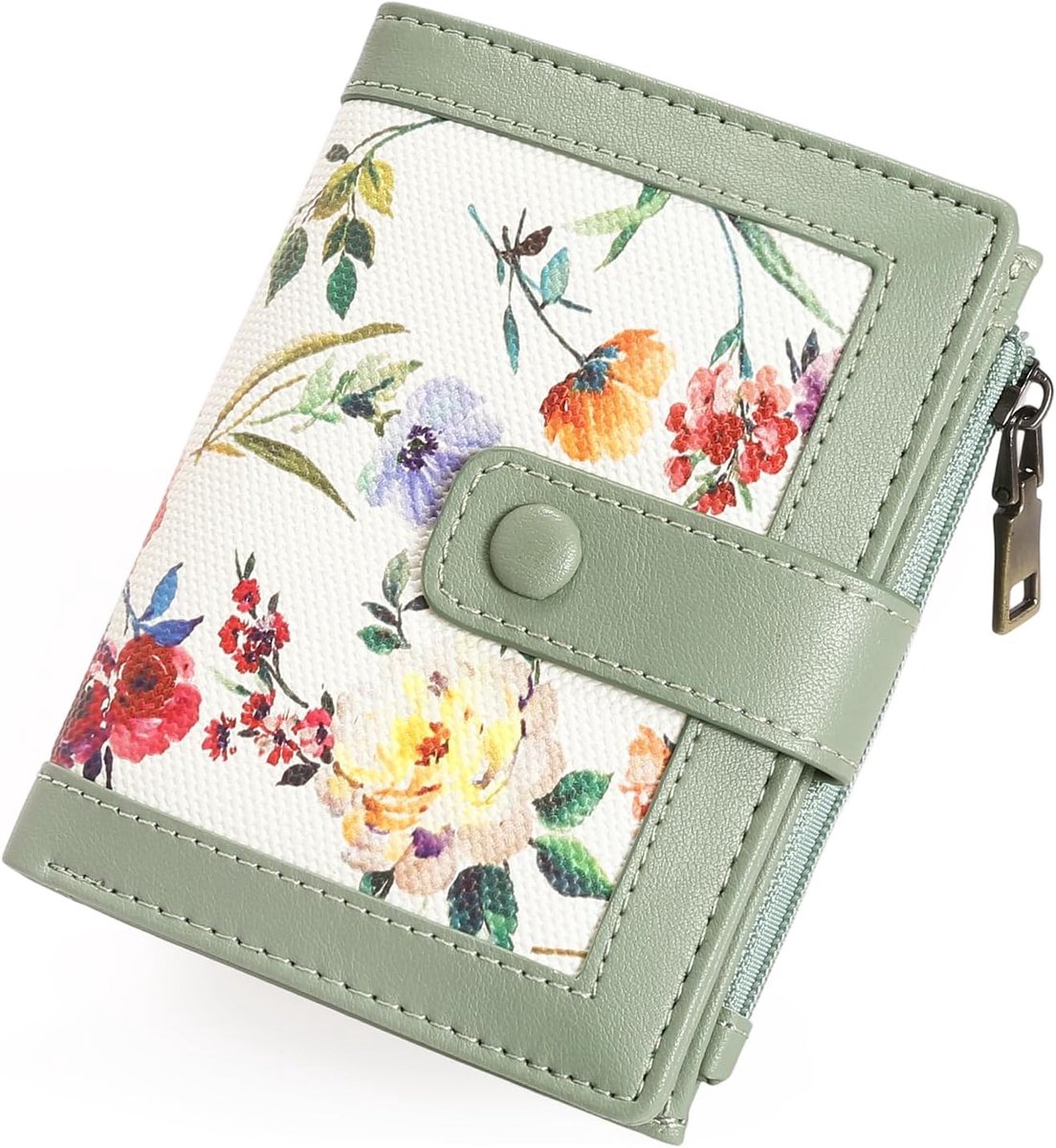 Dames portemonnees lederen kleine tweevoudige compacte bloem patroon dames portefeuilles RFID blokkerende kaart portemonnee, Groen, 3x1x5 cm, Klassiek