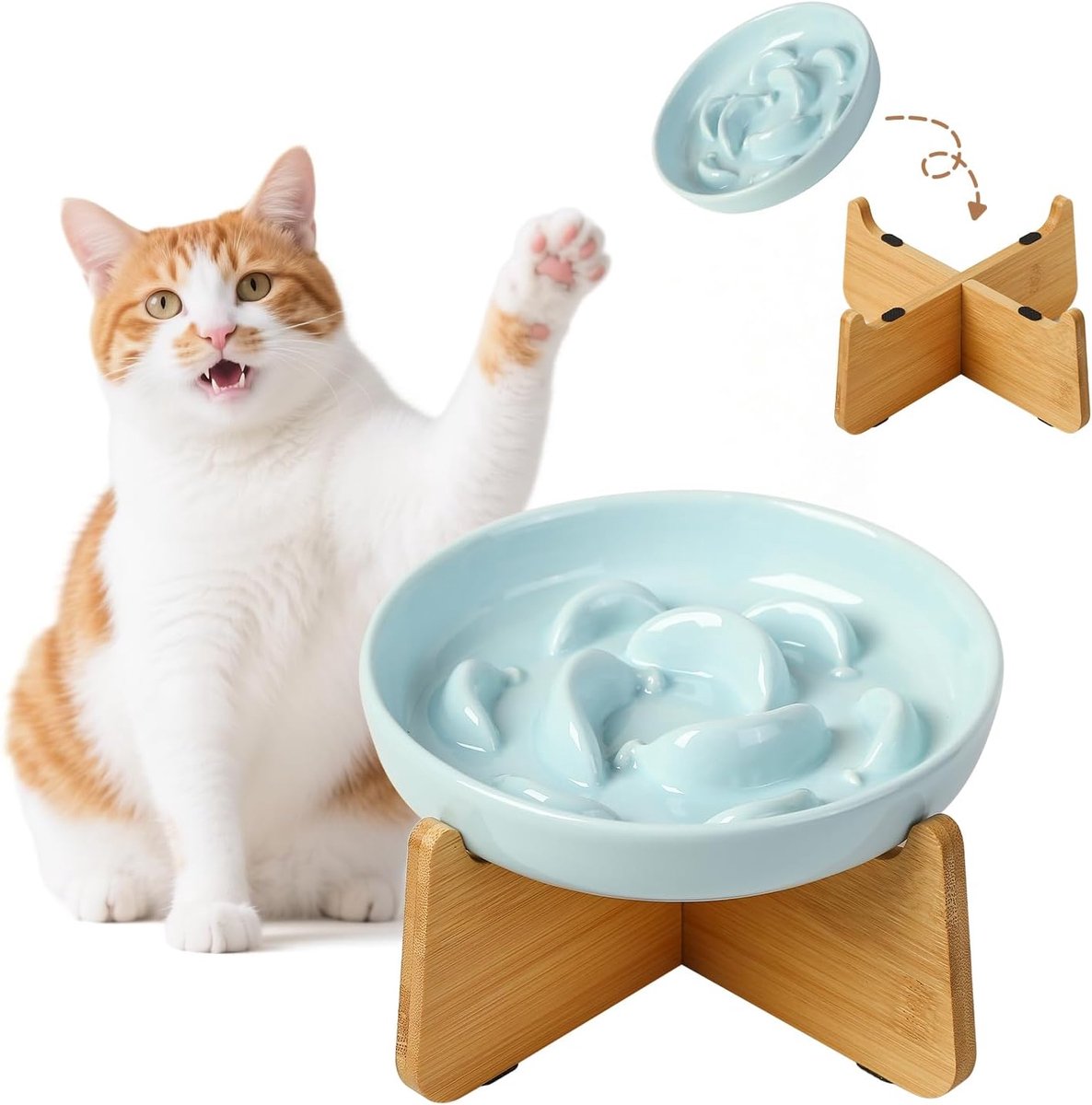 Slow Feeder Kattenbak - Keramische Kattenvoerschaal met Antislip Bamboe Stand - Whiskervriendelijke voerbak - Verhoogde doolhof Plaat om het eten te vertragen - Lichtblauw