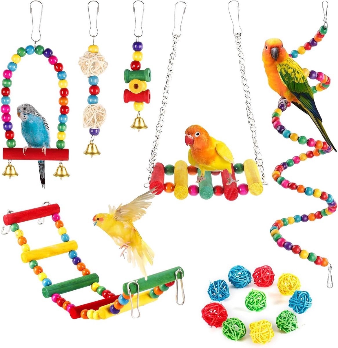 Speelgoed voor parkieten, papegaaispeelgoed, parkietenspeelgoed, vogelspelletjes, valkparkiet speelgoed voor vinken en kleine papegaaiachtigen.