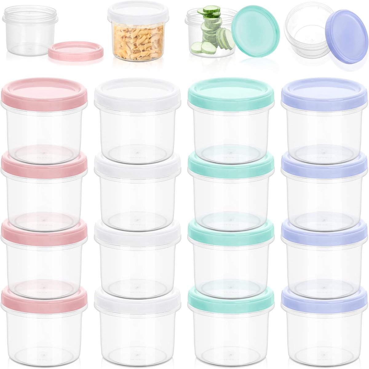 16 stuks kleine voedselcontainers met deksels, 300 ml herbruikbare snackpotten, lekvrije plastic containers met schroefsluiting, kleine kuipen met deksels voor lunch, yoghurt, fruit