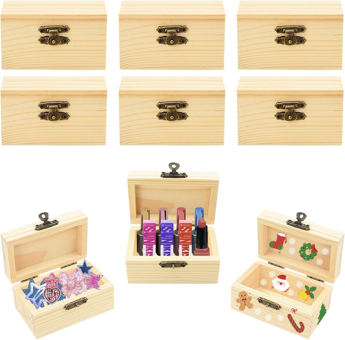 Hout, 6 stuks, doe-het-zelf, kleine schatkist van hout met deksel, rechthoekige schatkist voor kinderverjaardag, kleine houten kist om te beschilderen, knutselset