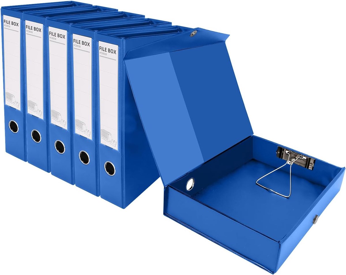 6-delige Doosbestanden A4 met Clip, 65mm Rug, PVC Opvouwbare Document Archiefdozen voor Kantoor School - Blauw