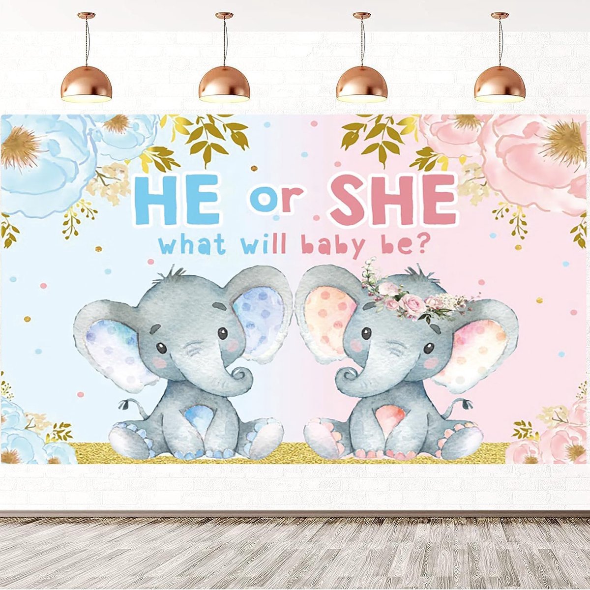 7x5FT geslacht onthullen achtergrond blauw of roze olifant bloem Hij of zij wat zal baby zijn fotografie achtergrond geslacht onthullen partij taart tafel decoraties banner foto cabine rekwisieten