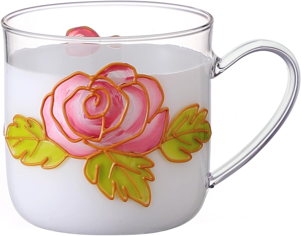 12oz/350ml handgeschilderde glazen bekers met handvat, heldere glazen koffiemokken, theekop voor warme dranken, latte-glazen, 1 pakket. (Rose)