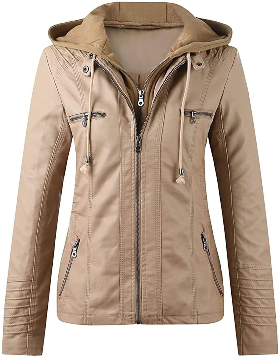 Leren jas Hooded Faux Leather Jacket met rits Overgangs Vrouwen Bovenkleding Warm Thicken Motorcycle Jacket