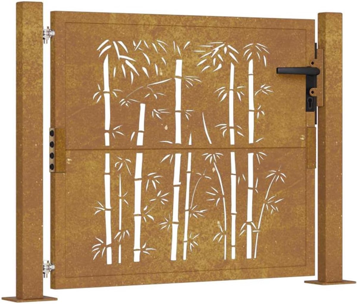 Tuinpoort 100x75 cm van cortenstaal met bamboe-design, afsluitbaar, inclusief twee palen met flensplaten en montagetoebehoren