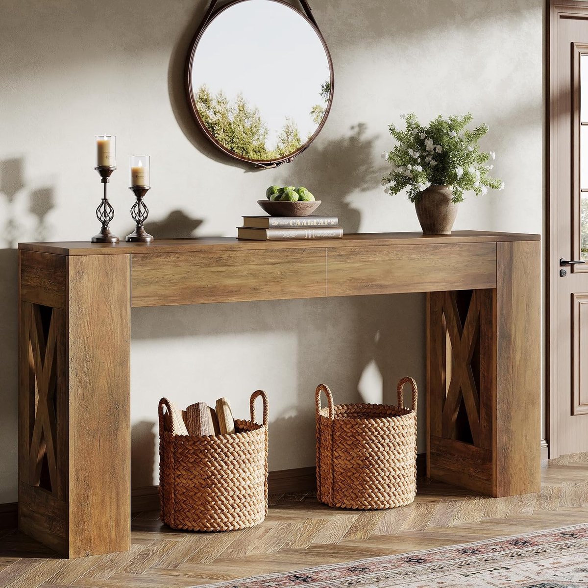 Consoletafel met laden, 160 cm, extra lange entreetafel, haltafel van hout achter de bank, smalle bijzettafel, slanke salontafel voor ingang, hal, woonkamer, donkerbruin
