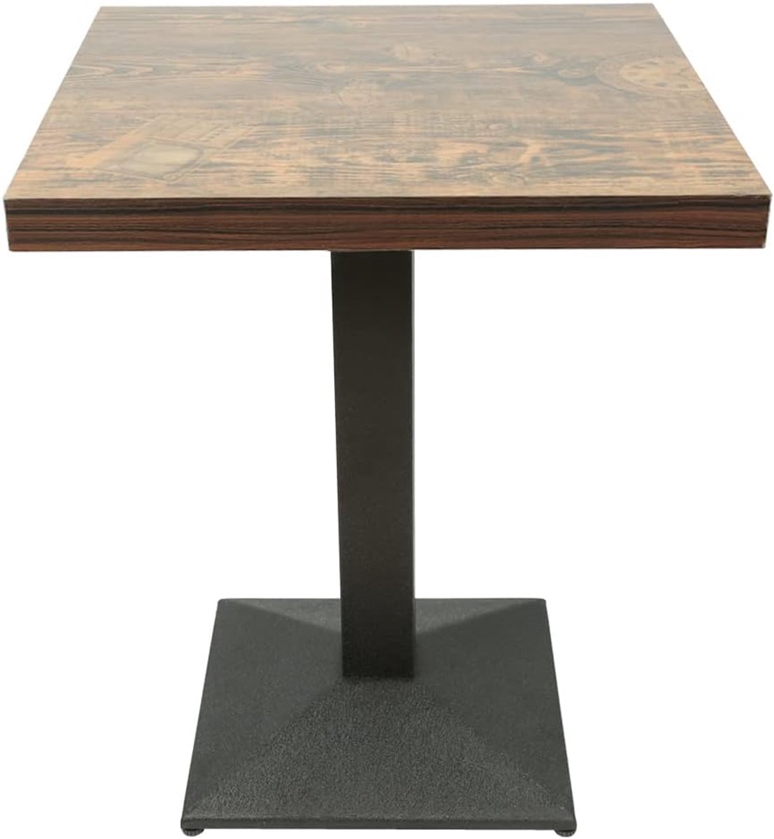Eettafel, vierkante tafel, bistro, bar, diner, restaurant, huis, binnen, houten plank + ijzeren poten, 60 x 60 x 75 cm, retro klok