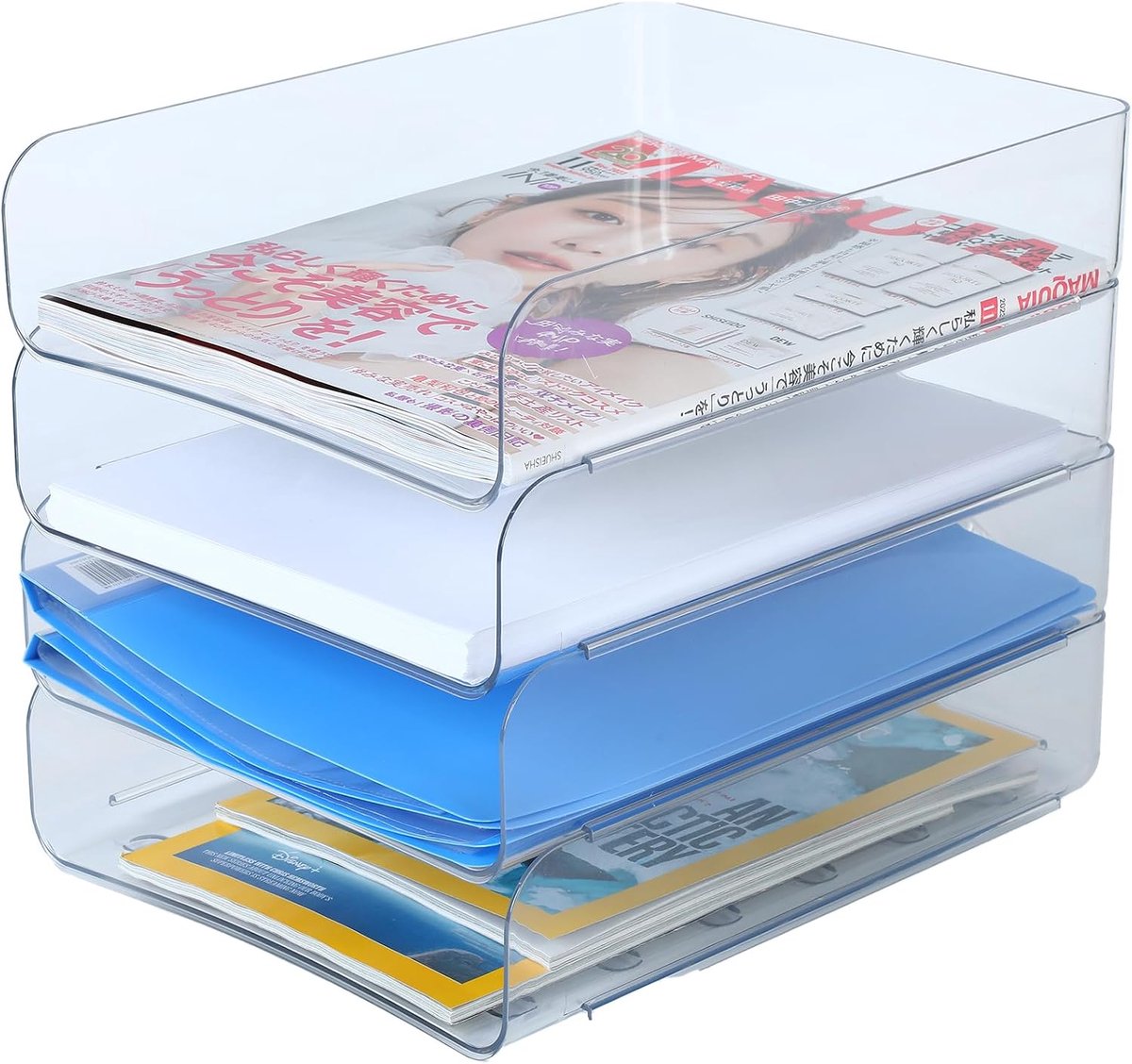 (4 stuks Pack) Stapelbare Papier Trays, Brief Tray Organizer, Office Desktop Organizer, A4 Papierhouder, Levert Magazine, Bestandsdocumenten, Ontvangsten (Transparant)