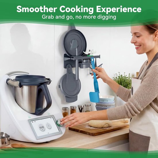 pbergrek aan de muur voor Thermomix TM6/TM5/TM31 – wandgemonteerde multifunctionele houder voor mengmes, spatel, roerhulpstuk, borstel en deksel – TM6-accessoires, 8+ Accessoires (Boorba) — afbeelding 5