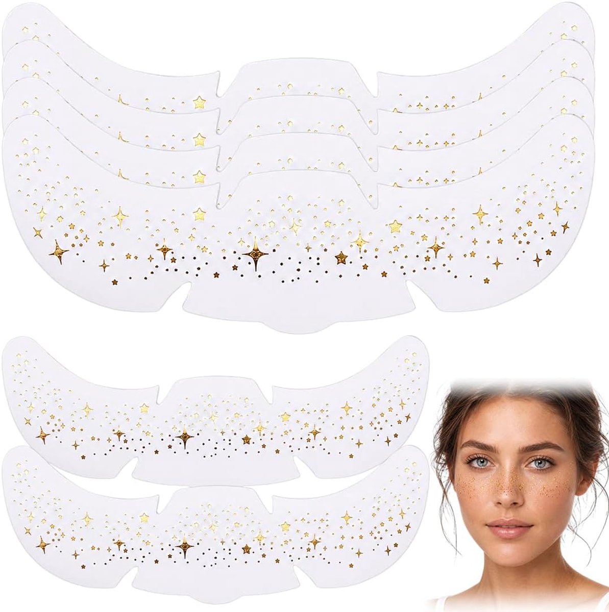 6 stuks glitter zomersproeten tatoeages72 x 31mm, watervaste gouden sterren en stippen, tijdelijke tatoeages voor gezicht, feest, festival, make-up patches(goudkleurig)