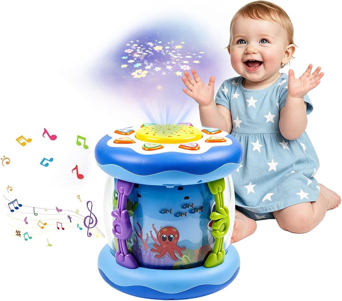 Muziekspeelgoed voor Baby's 12 m+, Speelgoed voor 1 Jarigen met Kleurrijke Lampjes, Draaiende Kubus met Zeemotieven Cadeau voor Jongens Meisjes (Blauw)