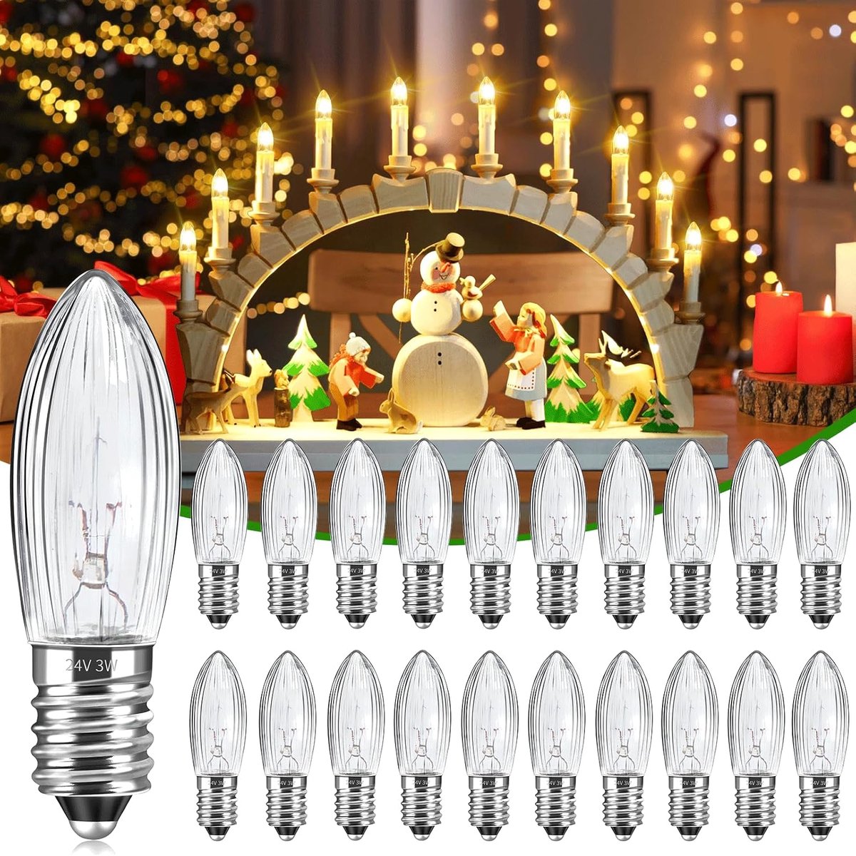 20-pack E10 24V 3W kaarslampen, vervangende bruglampen, warm wit 2700K, MES reserve kerstlampen voor boog, kandelaar, spitse kaars, lichtsnoer