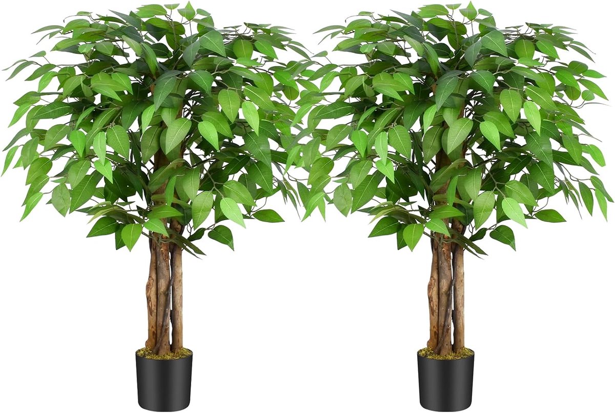 Kunstplant Ficusboom 90cm, Kunstplant groot als echt met stam van natuurlijk hout, Kunstboom groot voor woonkamer, slaapkamer, kantoor, tuin (2 Pack)