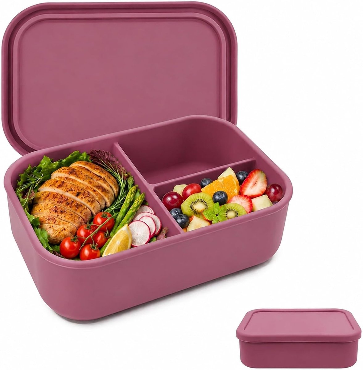 Broodtrommel met vakken, lunchbox, siliconen broodtrommel, 800 ml, voor school, magnetron, vaatwasmachinebestendig, broodtrommel voor kinderen met 3 vakken, BPA-vrij