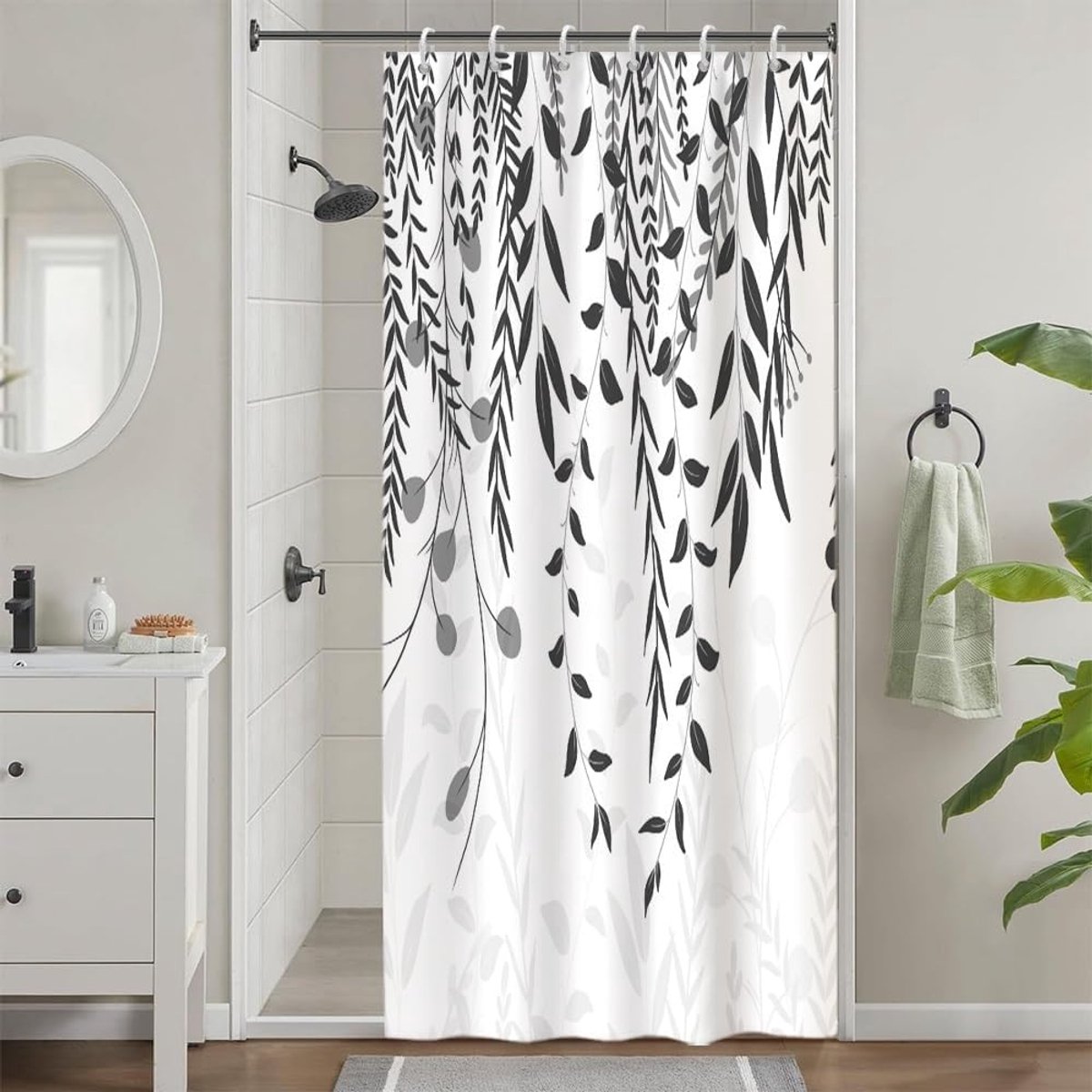 Douchegordijn grijs 90x180cm anti schimmel eucalyptus bladeren
