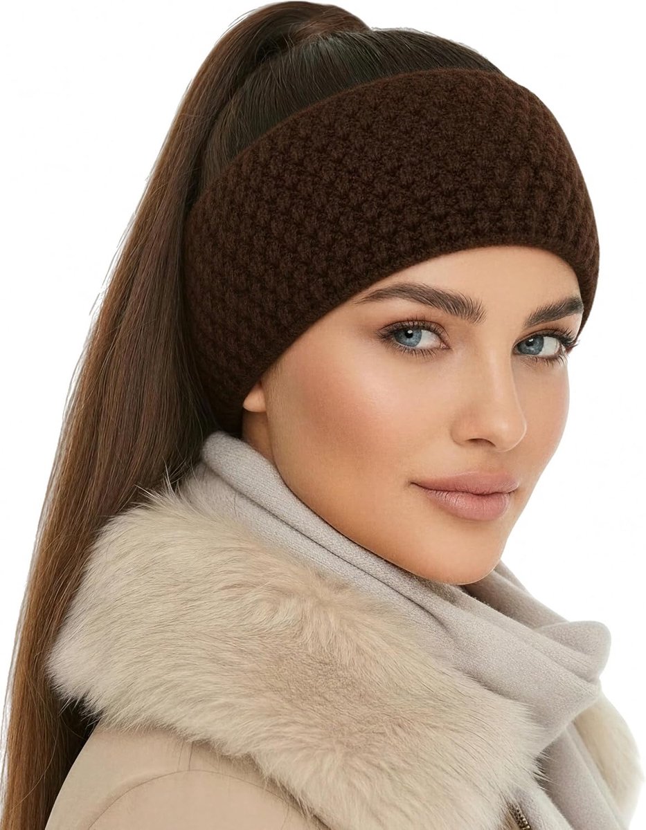 Hoofdband, bruin, voor dames en heren, warme en elastische uniseks oorwarmer met fleecevoering, eenheidsmaat hoofddeksel