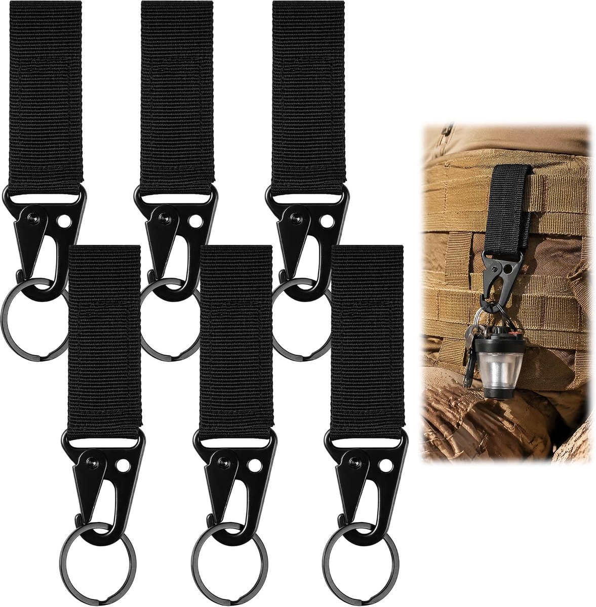 6 Stuks Zwart Tactische Riemclip, 11 × 2,5 cm Riemlus Karabijnhaak