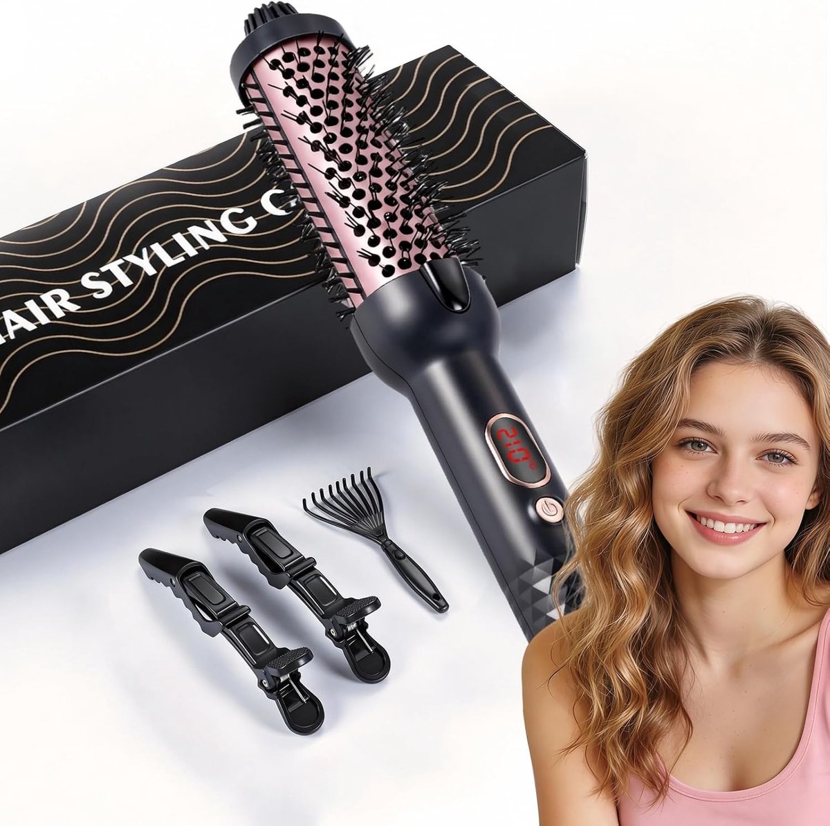 Verwarmingsborstel, 38 mm Thermal Brush 3-in-1, LCD 100-210 °C, gladmaken, zachte krullen, volume, anti-kroes, ionen-design, 5 temperatuurinstellingen, snel opwarmen (stijl 2)