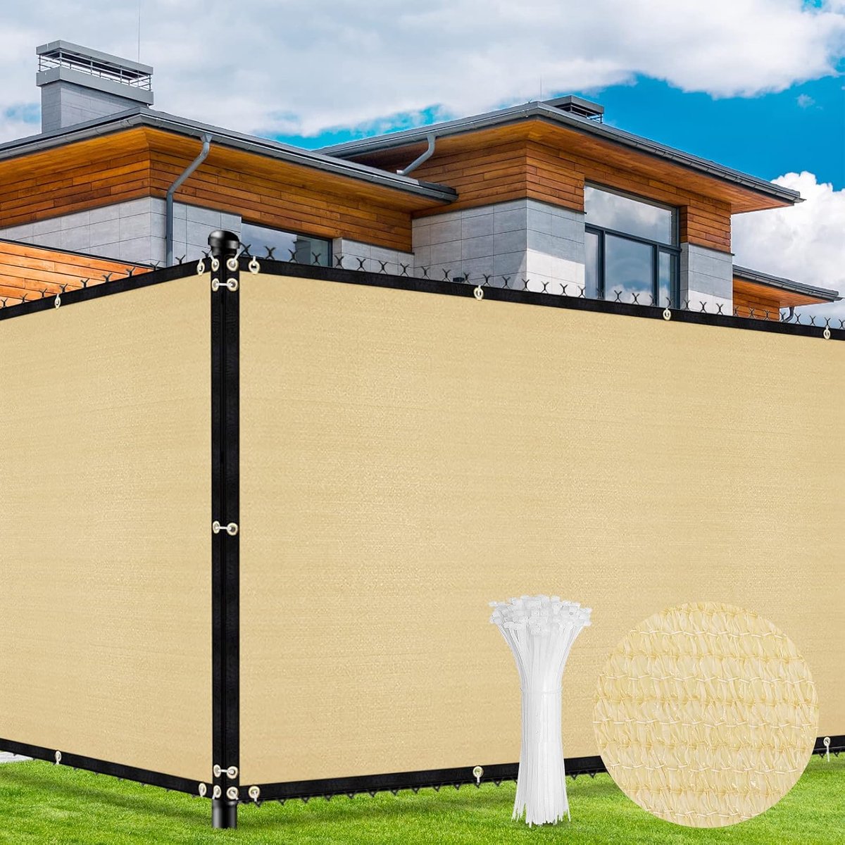 Privacy Hekscherm 1.5m x 10m inkijkbescherming windbescherming tennisscherm 142g/m² HDPE Stof UV-bescherming 90% Blokkering voor hek Outdoor Achtertuin, Patio Boerderij met kabelbinders, Zand