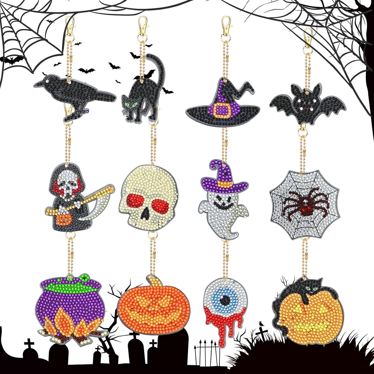 12 stuks Halloween Diamant Schilderen Sleutelhanger Kit 5D DIY Spook Pompoen Verf op Nummers Diamant Strass Mozaïek Schilderen Sleutelhangers Bat Crow Art Craft Diamond Painting Kits voor Portemonnee