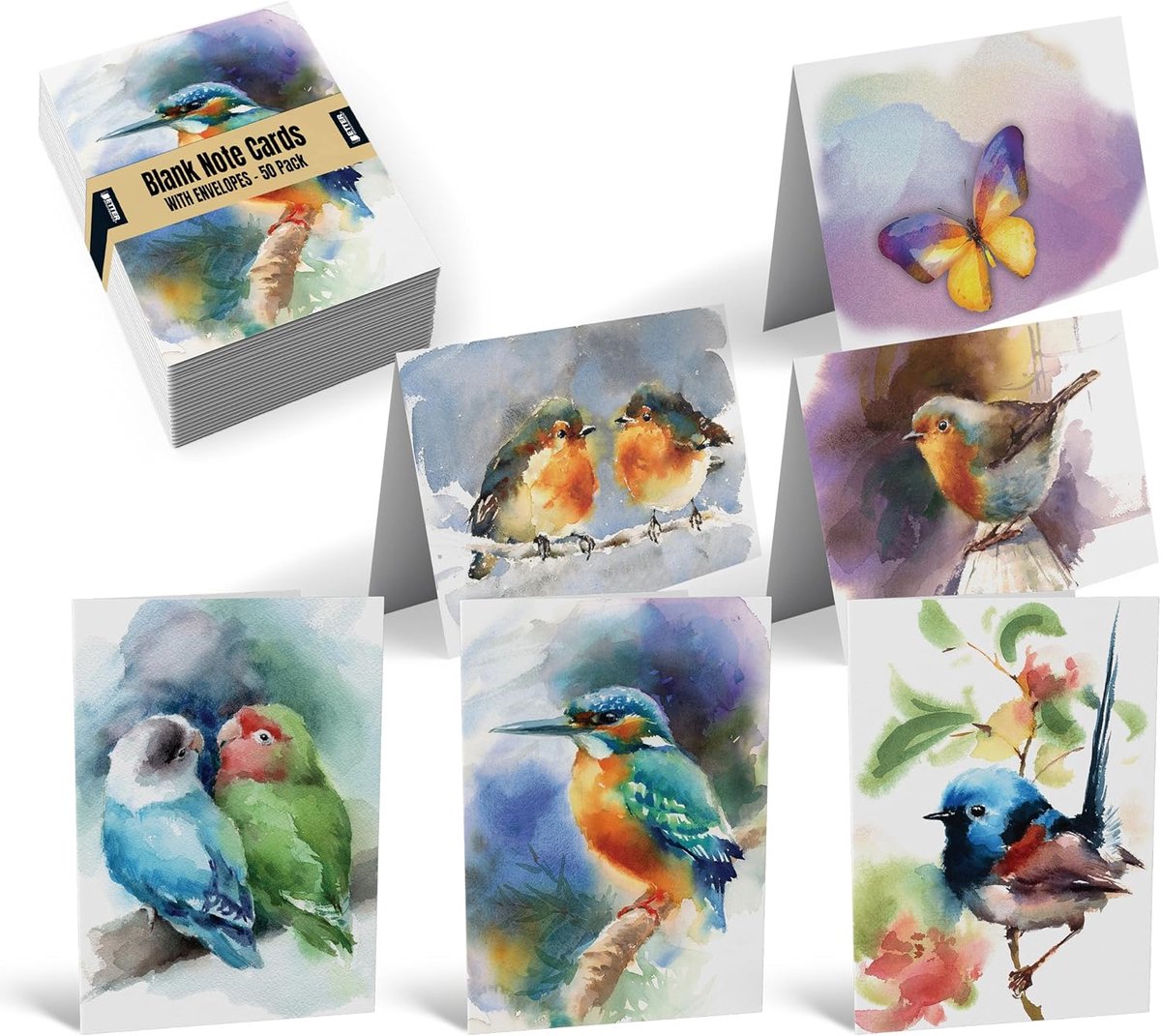 Wenskaarten voor alle gelegenheden, 4 x 6 inch, 50 verschillende blanco notitiekaarten en 50 enveloppen, 6 vlinder- en vogelontwerpen, blanco binnenkant, 50 stuks