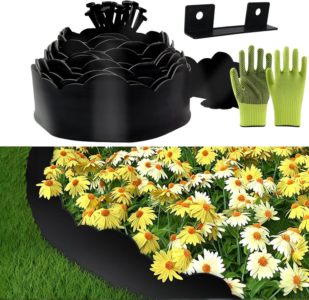 Randrand voor tuin, flexibel, kunststof, 10 x 10 m, bevat 30 ankerpunten en 1 connectoren inbegrepen, met een paar handschoenen, decoratieve randen (zwart gegolfd, 10 cm x 10 m)