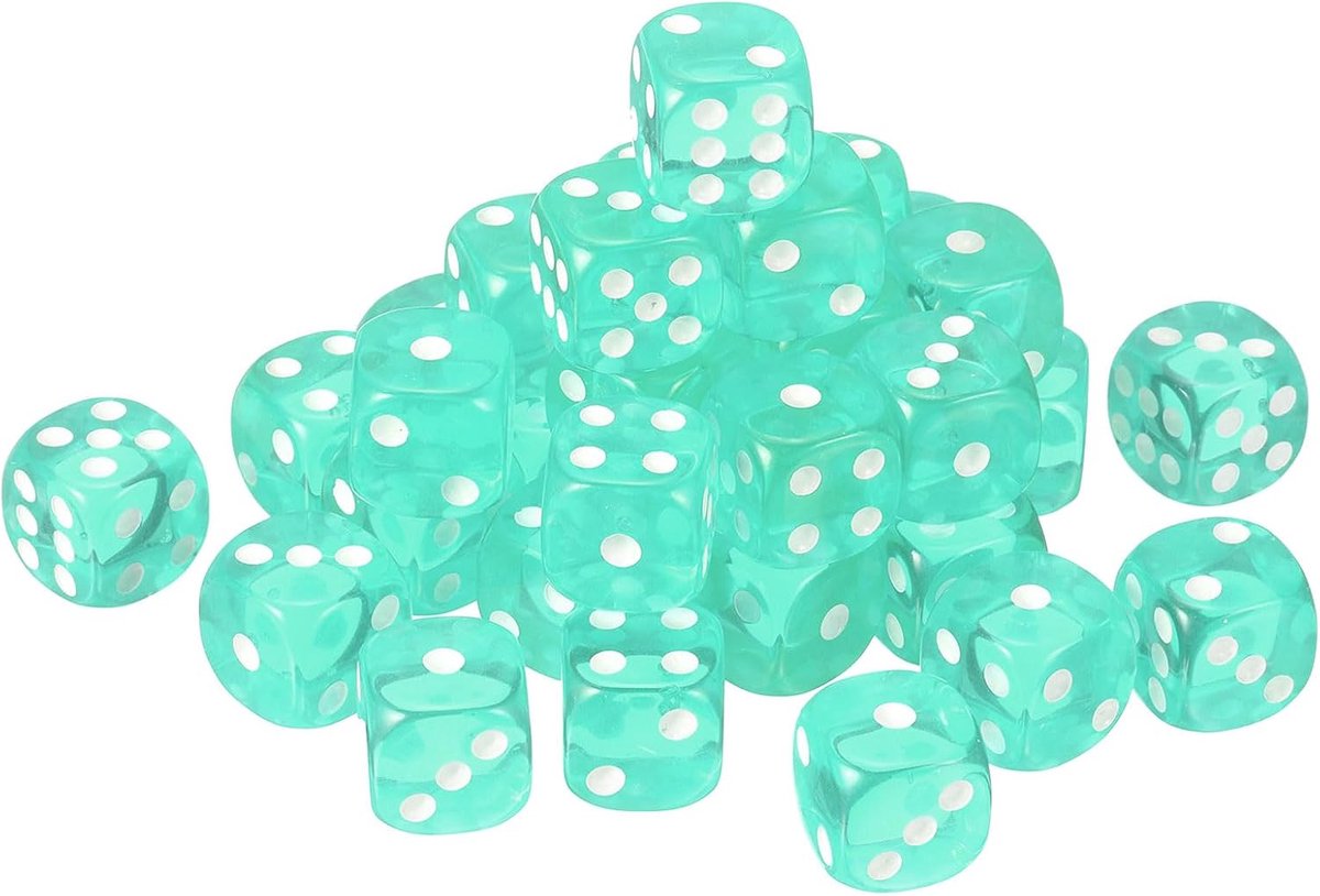 50 stuks dobbelstenen van acryl, 6 zijden, 16 mm, ronde hoeken, transparante kleurrijke dobbelstenen D6 voor themafeesten, grappig gezelschapsspellen, lichtgroen