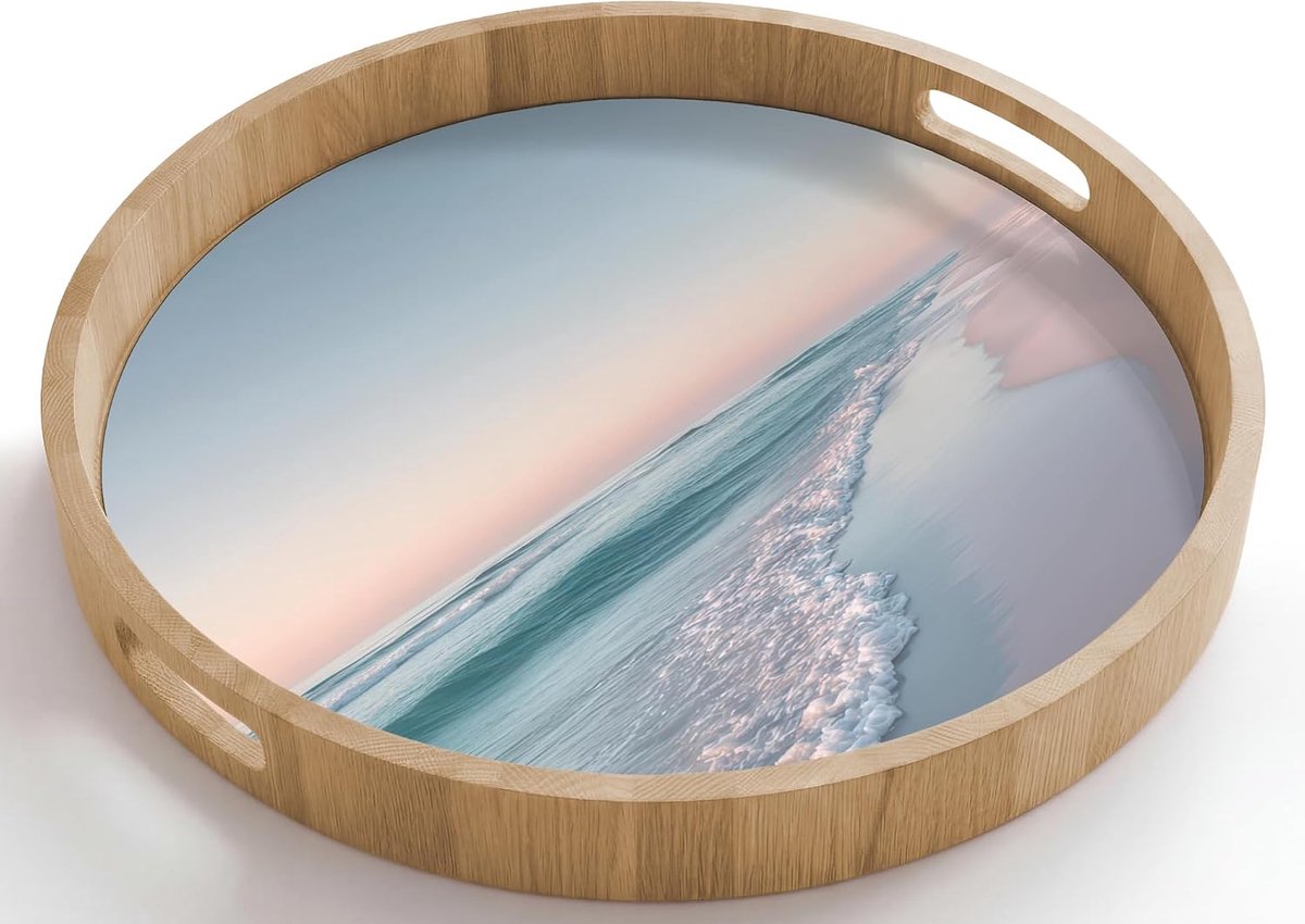 Rond 50x50 cm Houten Dienblad Met Handgrepen Eikenhout Krasbestendig Hittebestendig Wooden Serving Tray Koffie Eten Kustlijn - Pastel - water