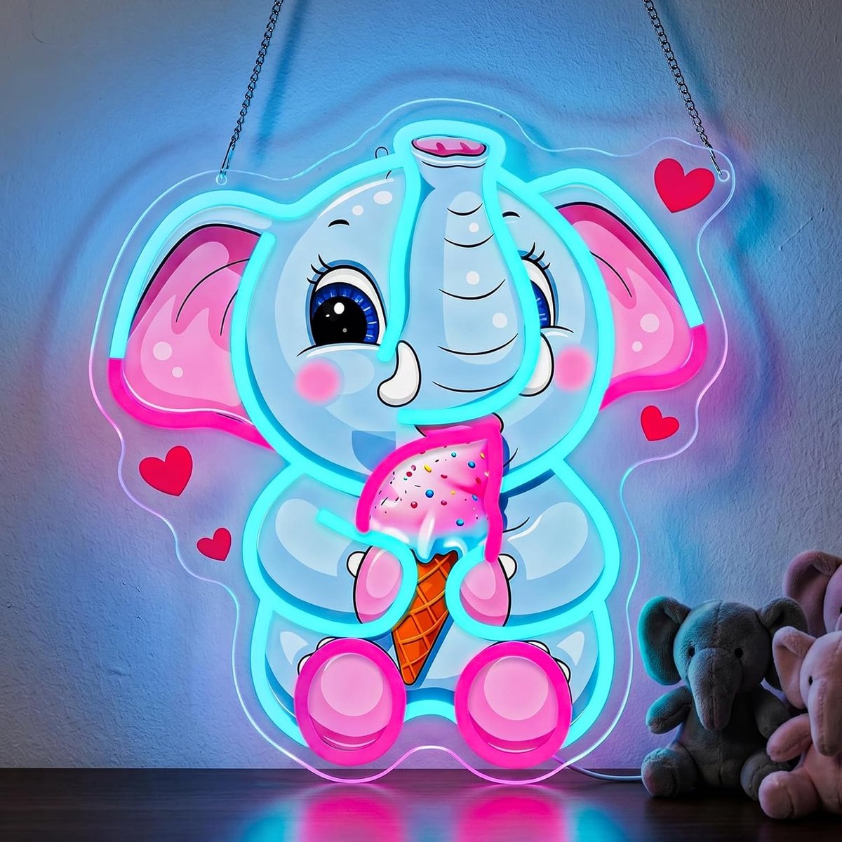 Olifantenbaby met ijszak, neonbord voor wanddecoratie, olifantentje met ijs, lichtreclame, led-lichtbord, hangbord voor woonkamer, ijssalon, restaurant, dierenwinkel (olifantenbaby)