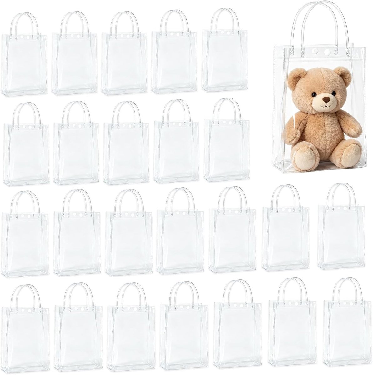 25 stuks PVC geschenkzakjes transparant: 25 cm x 15 cm x 7 cm transparante cadeauzakjes doorzichtig met handvat, herbruikbare doorzichtige zakjes voor bruiloft feest cadeau