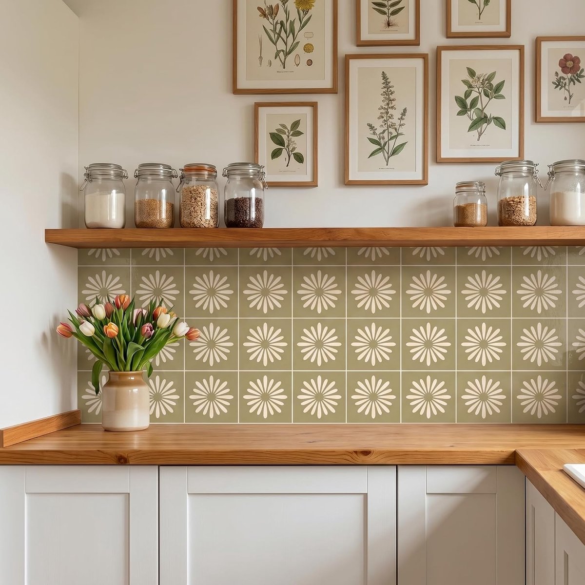 Set van 30 stuks, 10 x 10 cm saliegroene tegelstickers uit het midden van de eeuw moderne bloemen pel-en-plak backsplash, minimalistisch vinyl voor keukendecoratie