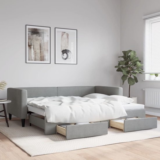 vidaXL - Slaapbank - met - onderschuifbed - lades - 100x190 - cm - stof - lichtgrijs