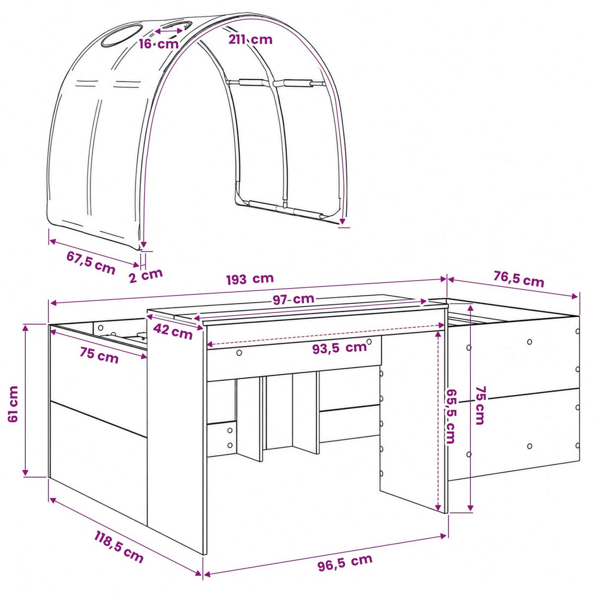 vidaXL Bed - met - Tunnel - 3 - st - Sonoma - Eiken - en - Zwart