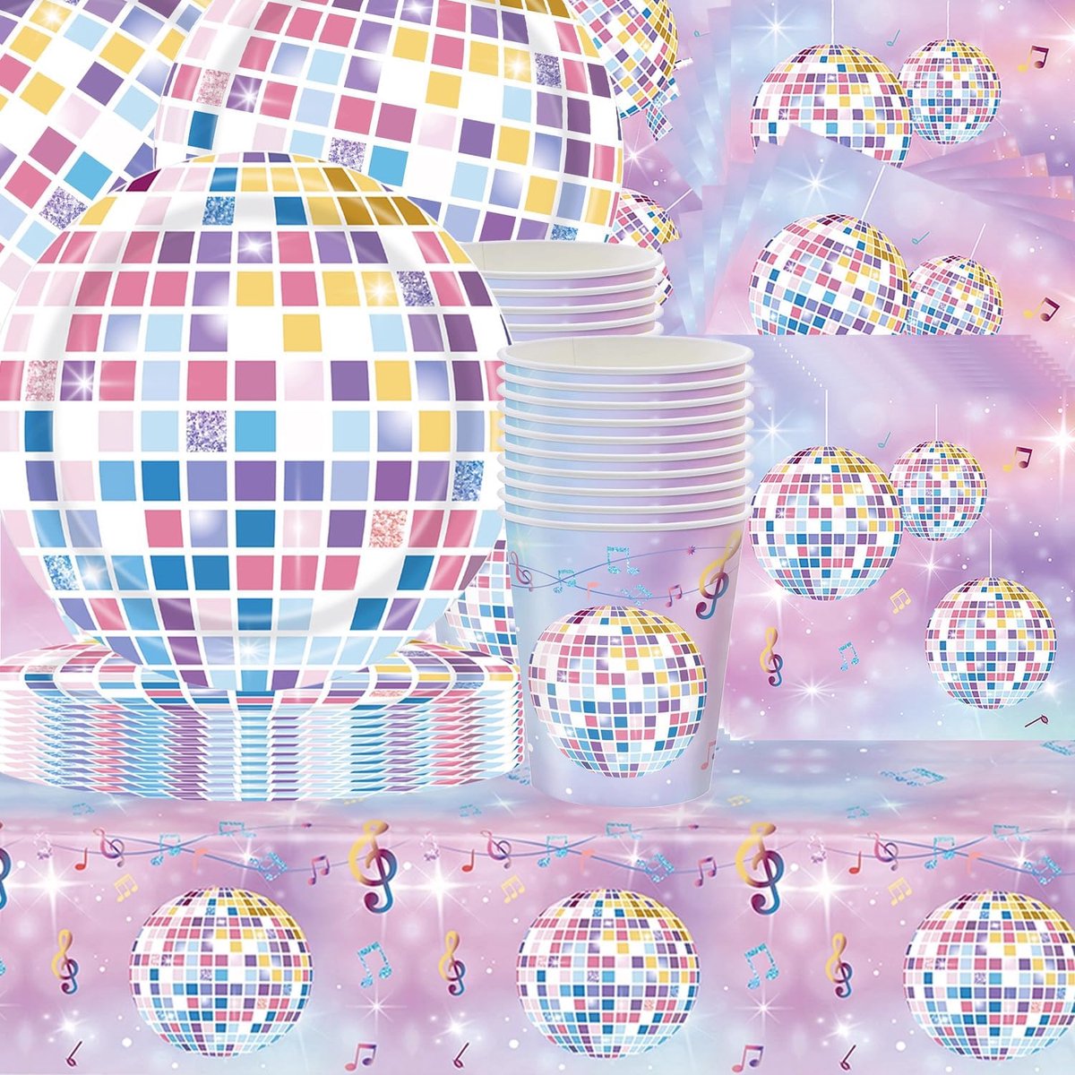61 delige disco muziekfeest servies set, paars glitter decoratief kleurenschema, verjaardagsfeest decoraties, tafelkleed, papieren bekers, servetten, papieren borden, geschikt voor 20 gasten