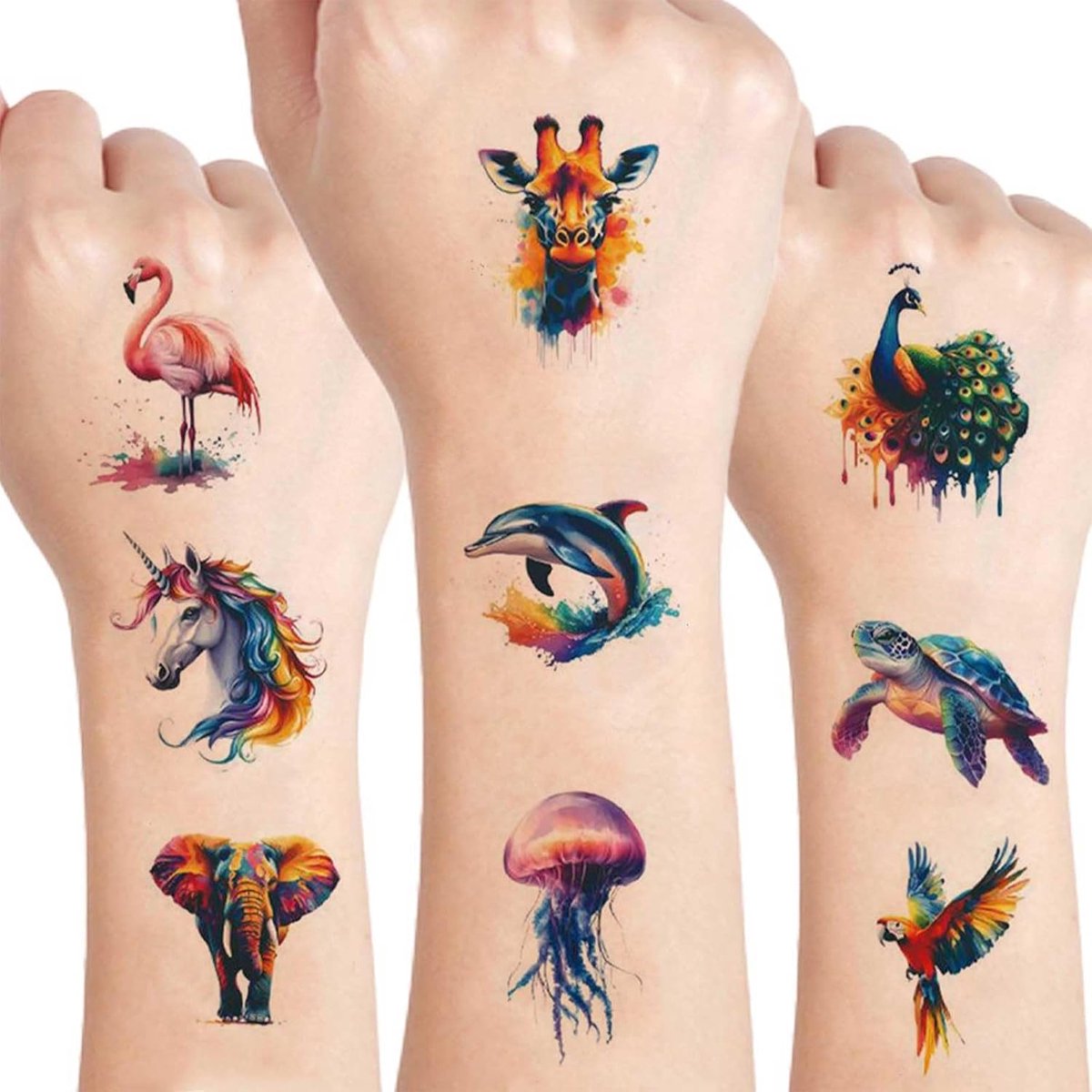 Tattoos Huidvriendelijk - 10 Waterverf Dier Temporaire Kindertattoos voor Kinderen, Lichaamsstickers (Schouder, Arm) en Verjaardagsdecoratie