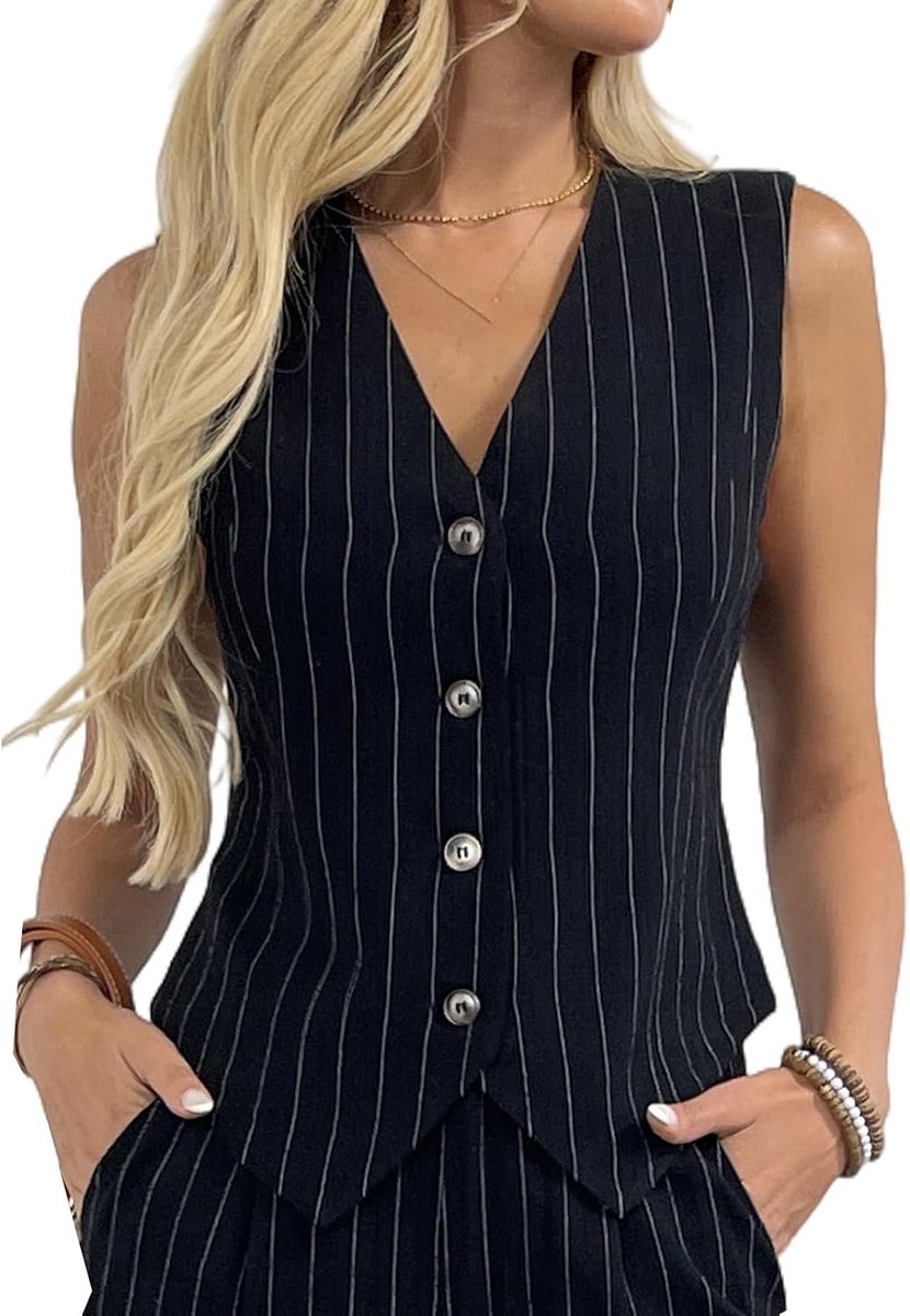 vest voor dames, V-hals, knoopsluiting, zakelijk, werk, vakantie, mouwloos, blazer, gilet