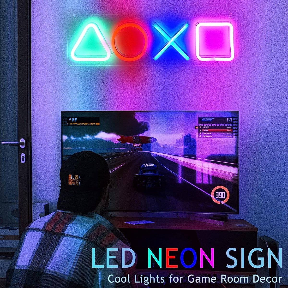 meerkleurig, 42 cm, USB-achtergrondverlichting, flexibele siliconen, wanddecoratie met haken (kleurrijk gaming-neonbord)