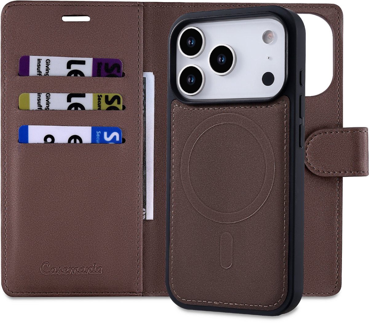 Casemania Hoesje Geschikt voor Apple iPhone 18 Pro - Mocha Brown - 2 in 1 Bookcase met Velvet Finish - Geschikt voor MagSafe - Magnetisch Portemonnee Telefoonhoesje met Pasjeshouder en Afneembare Cover - Kunstleer Wallet Case - Bruin