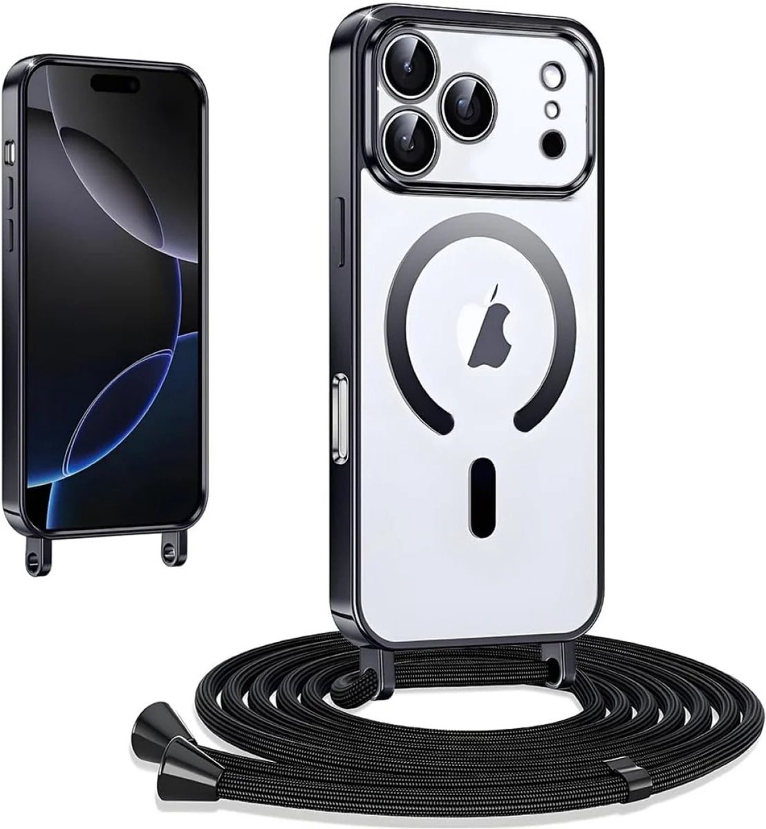 Casemania Hoesje Geschikt voor Apple iPhone 18 Pro - Zwart - Siliconen Back Cover met Koord - Geschikt voor MagSafe - Telefoonhoesje met Koord - Crossbody Lanyard Cord Case