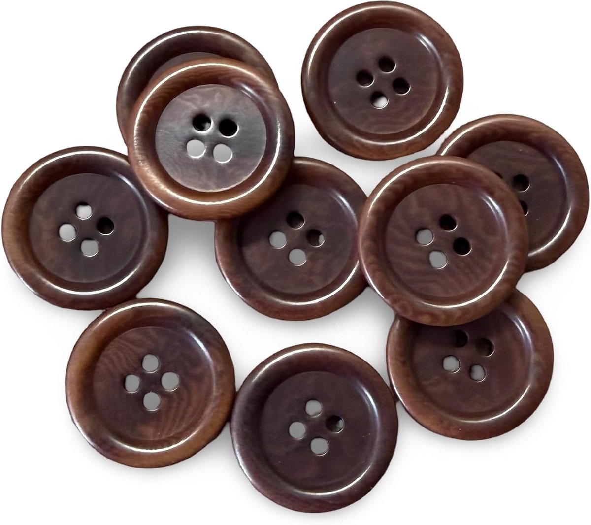10 stuks echte steennoot (Tagua/Corozo) - platte knopen met 4 gaten in 8 kleuren - 15 mm, 20 mm of 22 mm naar keuze - hoogwaardige naaiknopen voor jassen, mantels, breiwerk DIY (bruin, 15 mm)