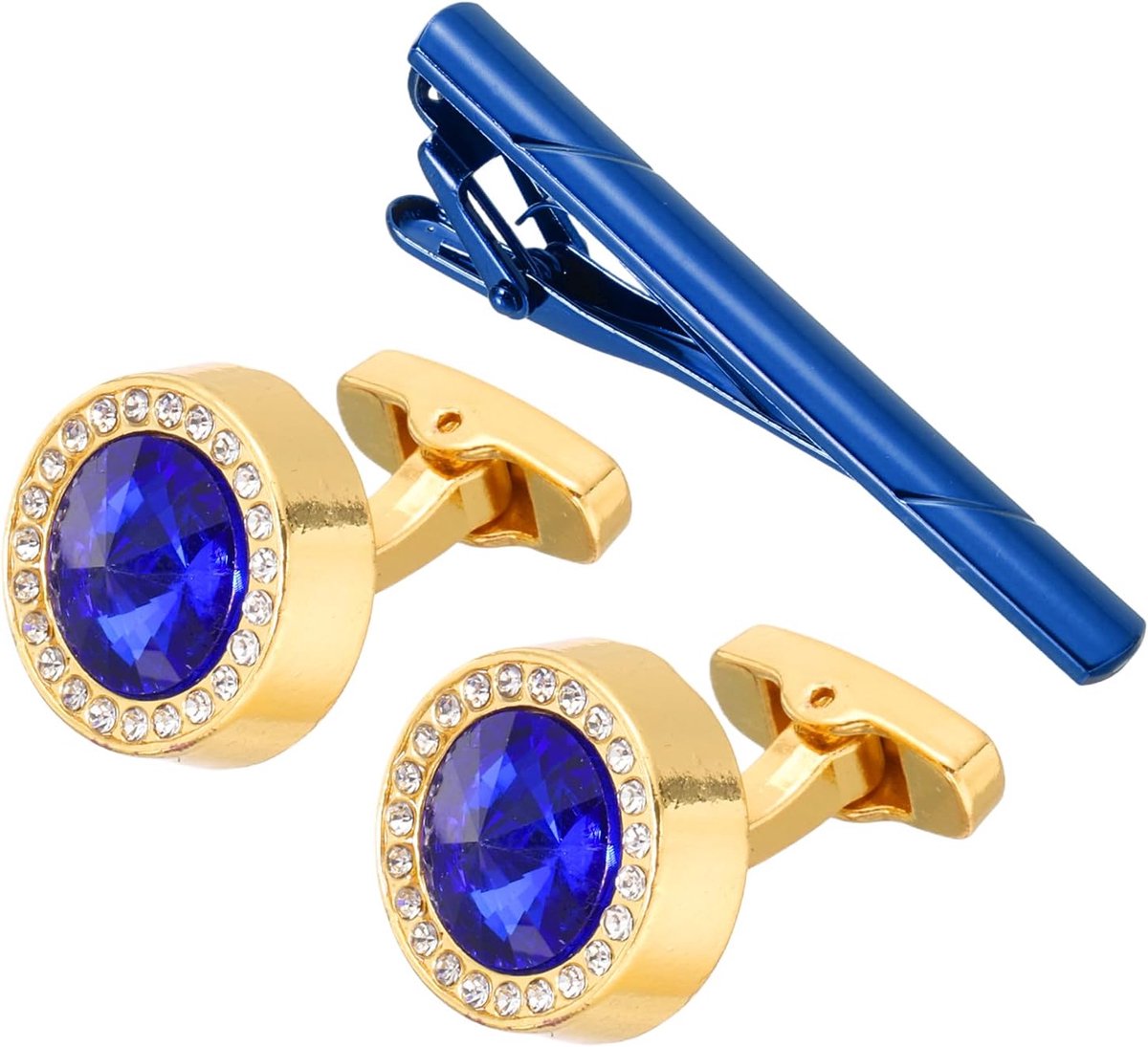 Set met kristallen manchetknopen en dasspeld, ronde strass-steentjes voor mannen manchetknopen en stropdasspelden, set met doos voor mannen, vader, echtgenoot, cadeau, zaken, goudkleur (blauw)