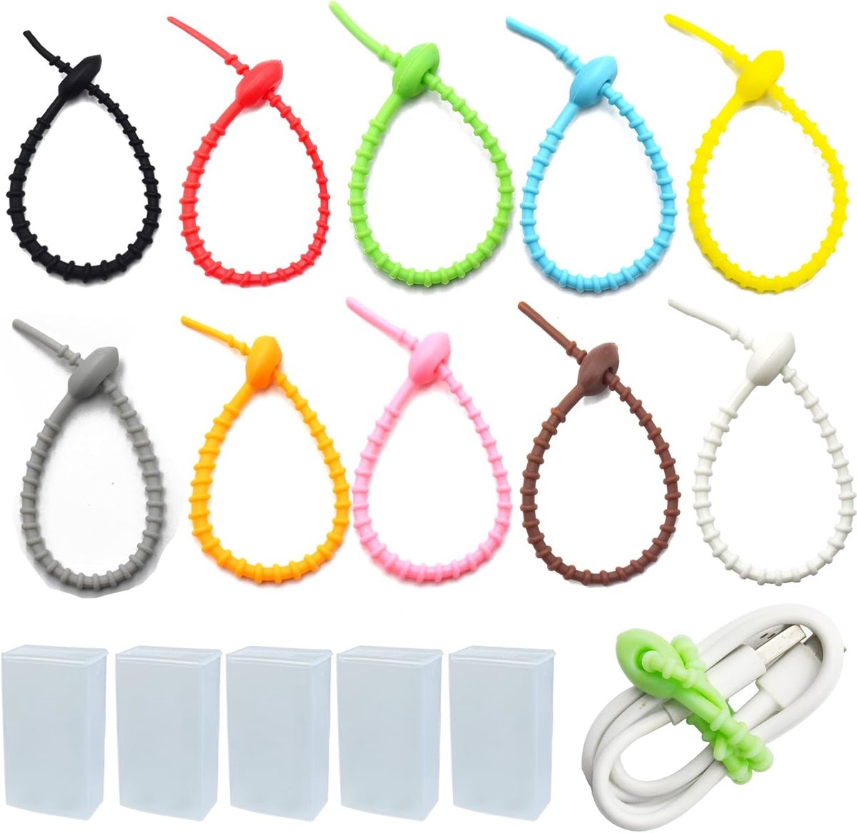 Dailygoods- Siliconen Kabelbinders - 30 Stuks - Hersluitbare Kabelbinders - Multifunctionele Stropdassen - 5 Plastic Dozen - Herbruikbaar en Gemakkeli