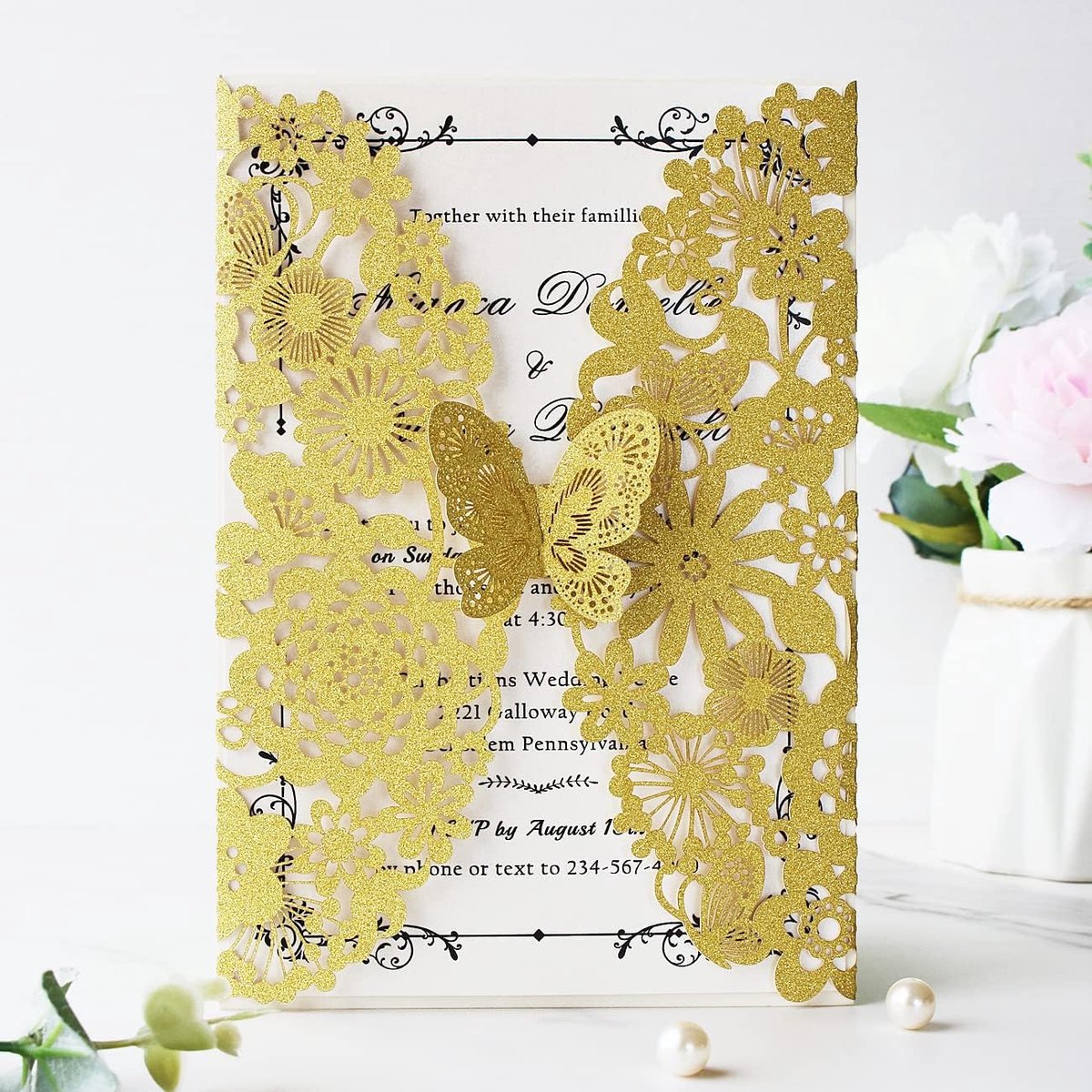 20 x gouden glitter lasergesneden kant flora bruiloft uitnodigingskaarten met vlinder en enveloppen voor verjaardag, bruidsdouche, verloving, verjaardag, huwelijksuitnodigingen (20 stuks)