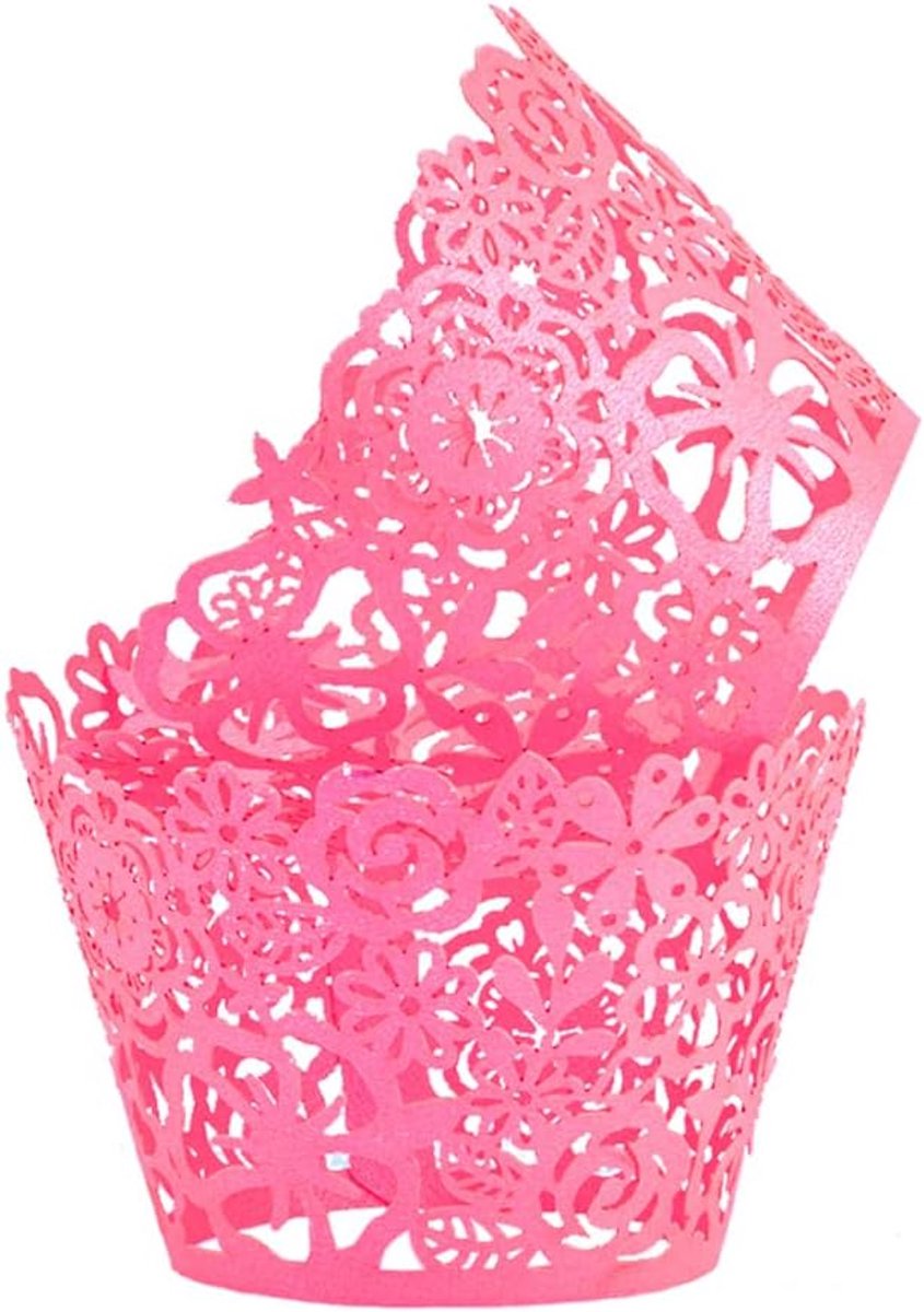 Wrappers Kant Cupcake Figuur Liners Laser Cut Cupcake Papers Cupcake Muffin Cups voor Kerstmis/Bruiloft/Verjaardagsfeest Decoratie, 50 stuks (Rose Red)